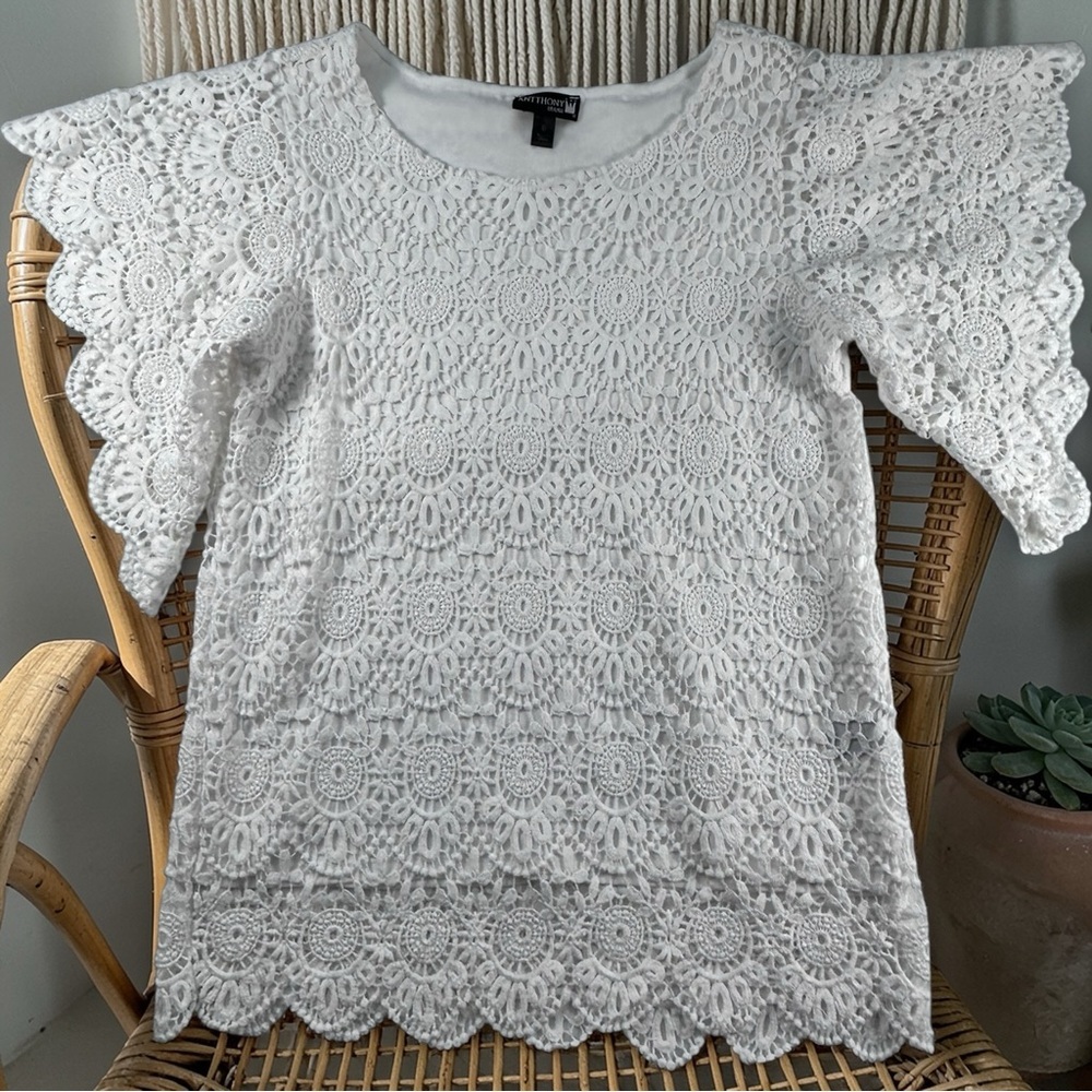 Anthony Original White Crochet Lace Blouse Sz S Boho Scalloped Hem Feminine Top - Picture 2 of 11